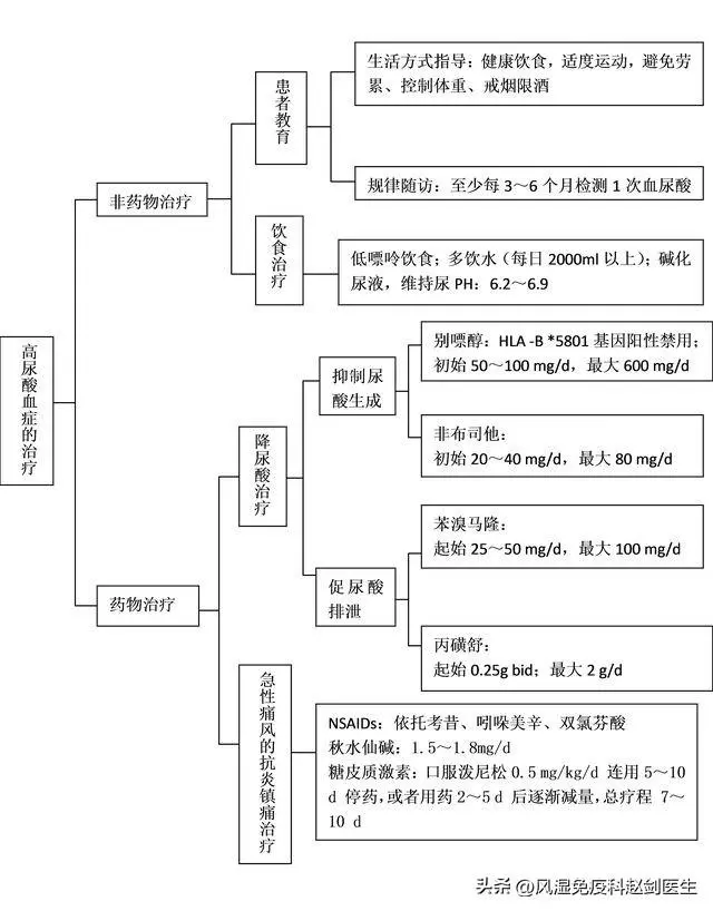 图片展示了高尿酸血症及痛风的治疗方案。治疗分非药物和药物治疗,前者含患者教育与饮食治疗,患者教育包括健康饮食、适度运动等生活方式指导及每3 - 6个月检测血尿酸的规律随访,饮食治疗为低嘌呤饮食等;药物治疗有降尿酸和急性痛风的抗炎镇痛治疗,降尿酸又分抑制尿酸生成(别嘌醇、非布司他)和促尿酸排泄(苯溴马隆、丙磺舒)两类,并标明了各药物初始及最大剂量,抗炎镇痛治疗也列出了常用药物及用法。