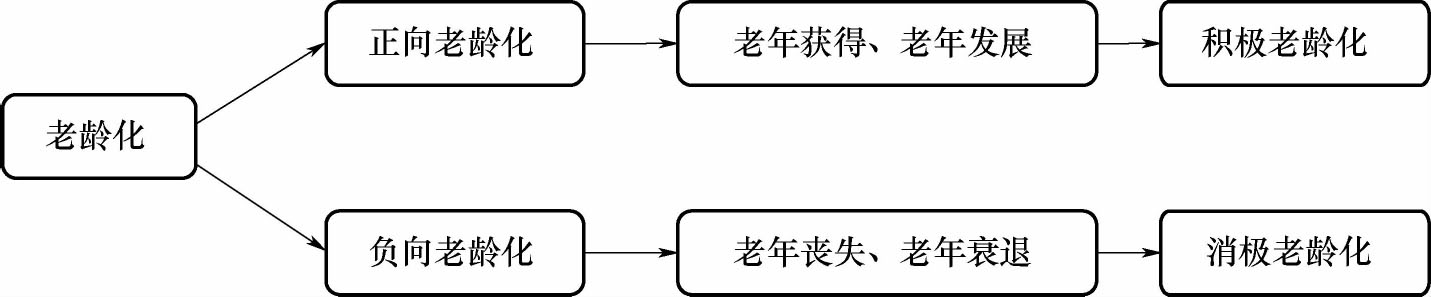 图片展示了老年人正向与负向老龄化的概念图。从“老龄化”