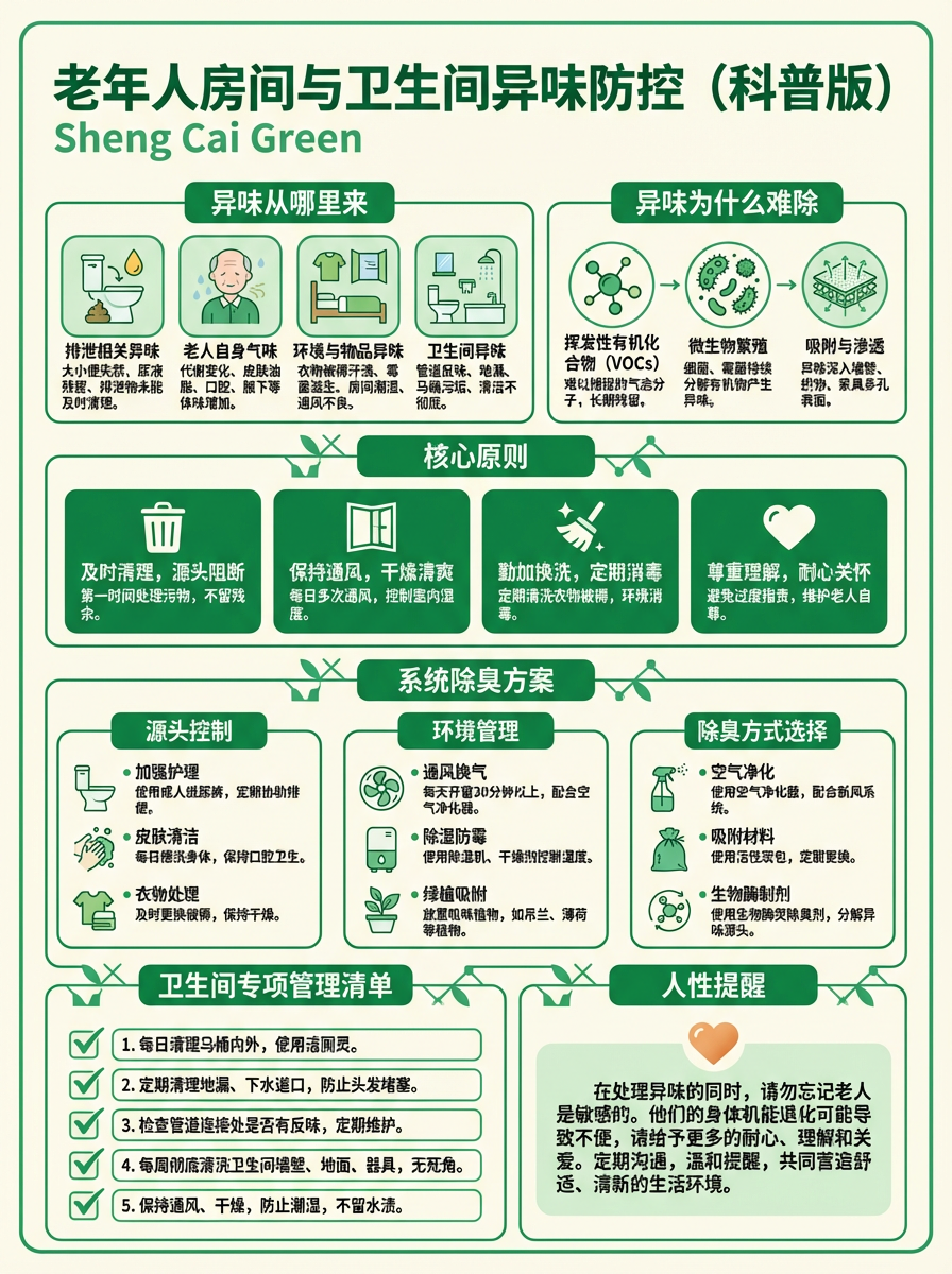 图片为《老年人房间与卫生间异味防控(科普版)》海报,介绍异味来源、难除原因及防控核心原则。异味来源包括老人自身气味、环境与物品异味等;难除原因涉及微生物繁殖、物理与渗透等。防控核心原则为及时清理、保持通风、勤换勤洗、尊重理解。系统除臭方案从源头控制、环境管理、除臭方式选择三方面展开,卫生间专项管理清单列出5条具体措施,人性提醒强调在处理异味时要关心老人。