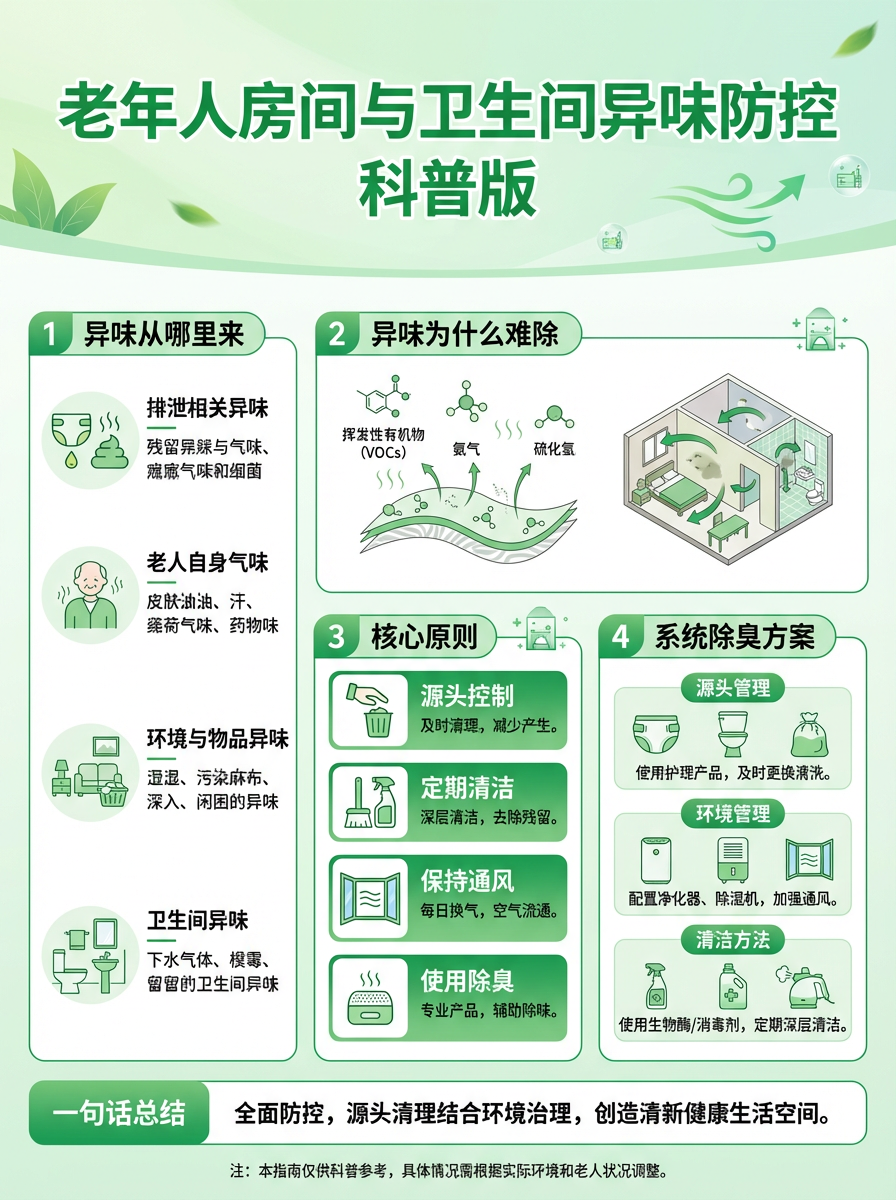 图片为老年人房间与卫生间异味防控科普版海报。左侧列出异味来源,包括排泄相关异味、老人自身气味、环境与物品异味、卫生间异味等。右侧介绍异味难除原因,涉及挥发性有机物、氨气、硫化氢等。下方核心原则有源头控制、定期清洁、保持通风、使用除臭等。系统除臭方案从源头管理、环境管理、清洁方法三方面展开。底部总结为全面防控,源头清理结合环境治理,创造清新健康生活空间。