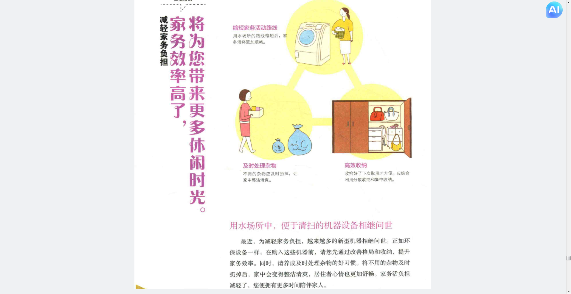 图片展示了居家适老化改造后带来的便利。左侧文字“减轻家务负担,家务效率高了,将为您带来更多休闲时光”引出主题。右侧分别以洗衣机、垃圾桶、橱柜等为例,说明其功能,如洗衣机减少洗衣次数、垃圾桶及时处理杂物、橱柜高效收纳。底部文字“用水场所中,便于清扫的机器设备相继问世”及后续内容,进一步阐述机器设备在减轻家务负担、提升效率方面的应用,与上文改造后带来的便利相呼应。