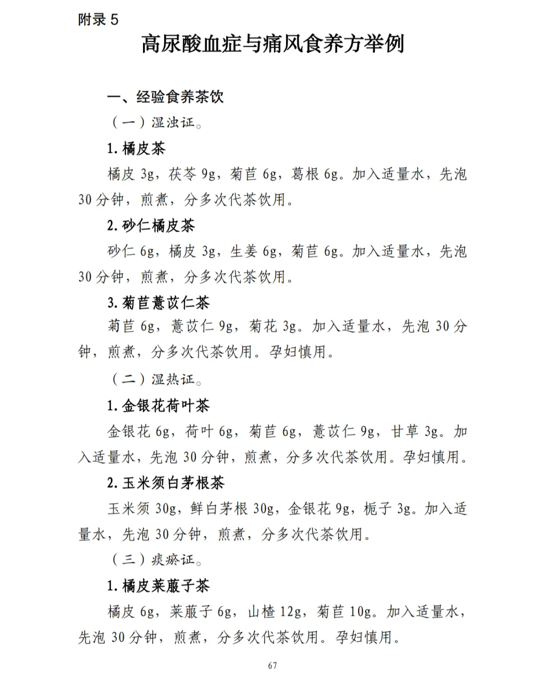 图片为附录5“高尿酸血症与痛风食养方举例”,主要介绍经验食养茶饮。分为湿浊证、湿热证、痰瘀证三类。湿浊证有橘皮茶、砂仁橘皮茶、菊苣薏苡仁茶;湿热证有金银花荷叶茶、玉米须白茅根茶;痰瘀证有橘皮莱菔子茶。每种茶饮均标明了用料,且都需先泡30分钟再煎煮、分多次代茶饮用,部分茶饮标注孕妇慎用。该图片是对上文提及的痛风食养指南内容的具体举例说明。