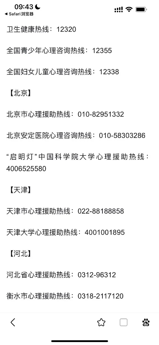 图片展示了多个地区老年人心理援助热线号码。上方列出卫生健康热线、全国青少年心理咨询热线、全国妇女儿童心理咨询热线等号码。北京、天津、河北等地也分别标注了心理援助热线号码,如北京的010 - 82951332、天津的022 - 88188858等。这些号码与上下文紧密相关,上下文提到在人口老龄化背景下,老年人心理问题是影响晚年生活质量的“隐形杀手”,需社会各界共同解决,此图提供了具体的热线号码资源,便于老年人或其家人寻求心理援助。