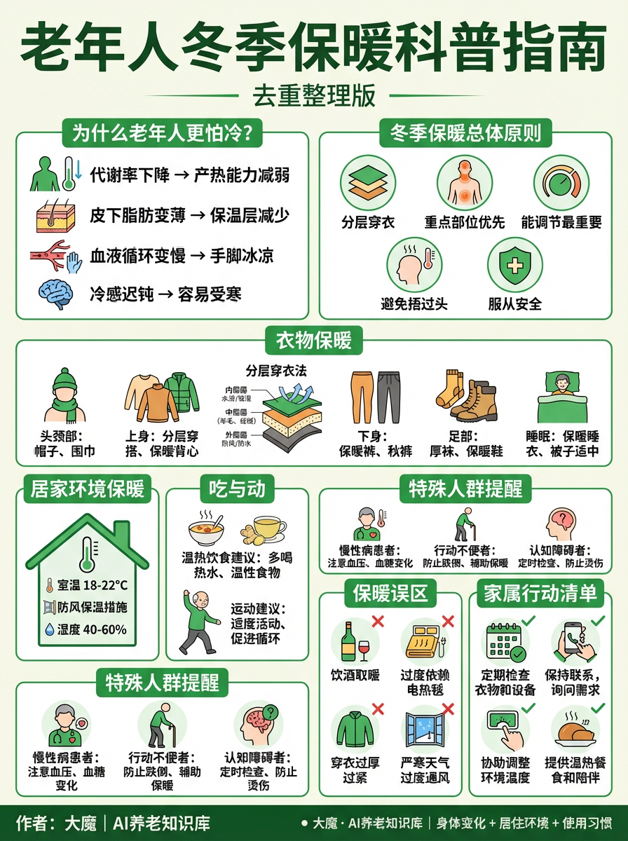 图片是《老年人冬季保暖科普指南》去重整理版,介绍老年人冬季保暖相关知识。上方说明老年人怕冷原因及冬季保暖总体原则。中部有衣物保暖、居家环境保暖、吃与动、特殊人群提醒等板块,如衣物保暖强调分层穿衣、重点部位优先等;居家环境保暖建议室内温度18 - 22℃、湿度40 - 60%;吃与动建议多喝热水、温食等。底部有特殊人群提醒及家行动清单,如慢性病患者需注意血压、血糖变化等。