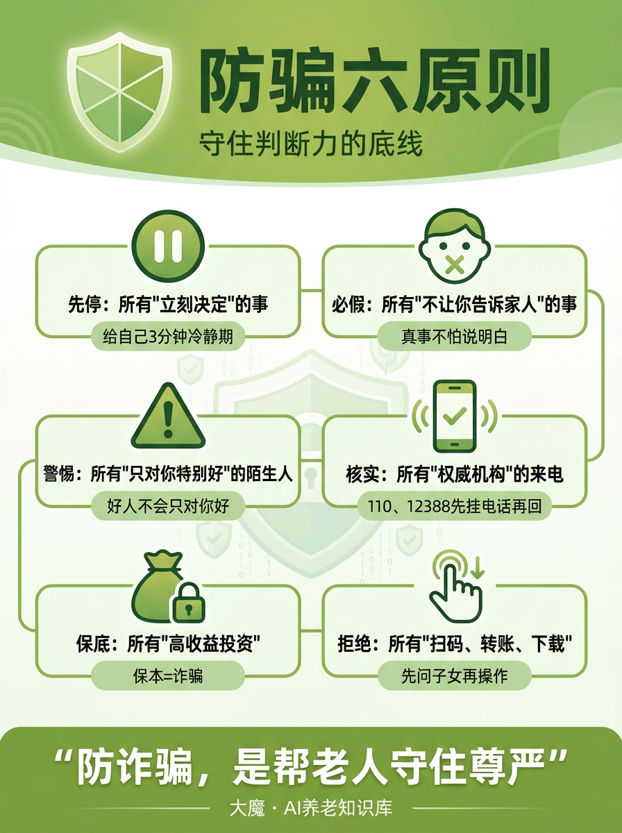 图片以“防骗六原则”为主题,倡导守住判断力的底线。分为六个原则:先停(所有“立刻决定”的事,给自己3分钟冷静期);必假(所有“不让你告诉家人”的事,真事不怕说明白);警惕(所有“只对你特别好”的陌生人,好人不会只对你好);核实(所有“权威机构”的来电,11 addCriterion110、12388先挂电话再回); 保底(所有“高收益投资”,保本=诈骗);拒绝(所有“扫码、转账、下载”,先问子女再操作)。图片底部有“防诈骗,是帮老人守住尊严”字样,由大魔·AI养老知识库发布。