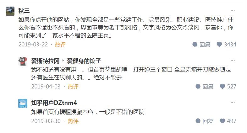 图片展示了知乎上关于医院水平的讨论。2019年3月22日,用户秋三认为,如果医院网站全是党建工作等内容,可能是水平不错的医院主页。2019年4月3日,爱斯特拉冈提到医院首页弹窗多且内容不专业,绝对不能去。2019年3月30日,知乎用户DZtnm4称首页有援疆援藏内容的医院一般是不错的。这些评论与上文提到的通过医院主页判断医疗水平高低的内容相呼应,从不同角度分享了判断医院水平的观察点。