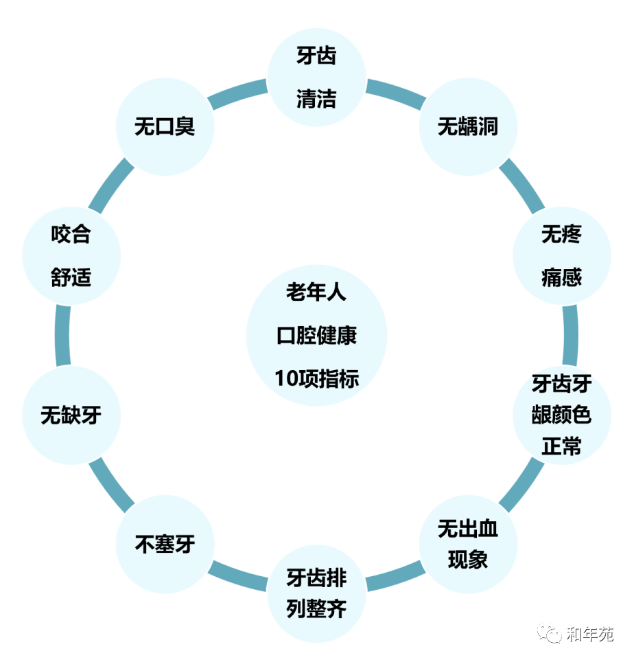 图片展示了老年人口腔健康10项指标,以圆环形式排列。包括牙齿清洁、无龋洞、无疼痛感、牙齿牙龈颜色正常、无出血现象、牙齿排列整齐、不塞牙、咬合舒适、无缺牙、无口臭。这些指标围绕“老年人口腔健康10项指标”核心内容,直观呈现了老年人口腔健康需关注的关键点,与上下文介绍老年人口腔健康10项指标的内容相契合。
