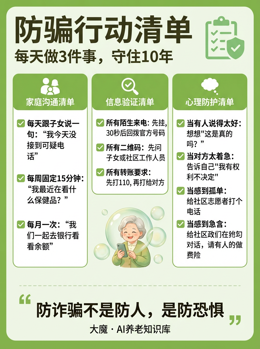 图片是一张防骗行动清单海报,背景为绿色。上方标题为“防骗行动清单 每天做3件事,守住10年”。下方分为家庭沟通清单、信息验证清单、心理防护清单三个板块,分别列出每天跟子女说一句、每周固定15分钟、每月一次的防骗措施;所有陌生来电、二维码、转账要求的验证方法;当有人说得太好、对方太着急、感到孤单、急含时的心理防护建议。底部有“防诈骗不是防人,是防恐惧”及“大魔·AI养老知识库”的字样。