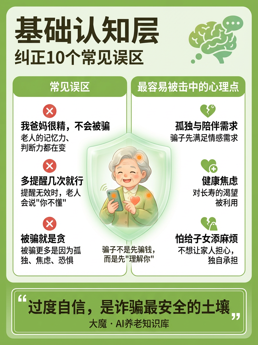 图片为“基础认知层纠正10个常见误区”相关内容,分为“常见误区”和“最容易被击中的心理点”两部分。常见误区包括“我爸妈很精,不会被骗”“多提醒几次就行”“被骗就是贪”;心理点有“孤独与陪伴需求”“健康焦虑”“怕给子女添麻烦”。图片下方引用大魔·AI养老知识库的话:“过度自信,是诈骗最安全的土壤”。该