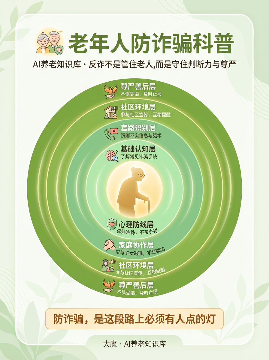 图片为老年人防诈骗科普图,由大魔·AI养老知识库制作。图中以绿色为主色调,分为尊严善后层、社区环境层、套路识别层、基础认知层、心理防线层、家庭协作层、社会环境层、尊严善后层等多层防护圈。各层分别对应不同防诈骗措施,如不慌不躁、及时止损,参与社区活动、互相提醒等。底部橙色框内文字强调“防诈骗,是这段路上必须有人点的灯”。该图与上下文介绍的老人防受骗主题相关,直观呈现了防诈骗的多层防护体系。