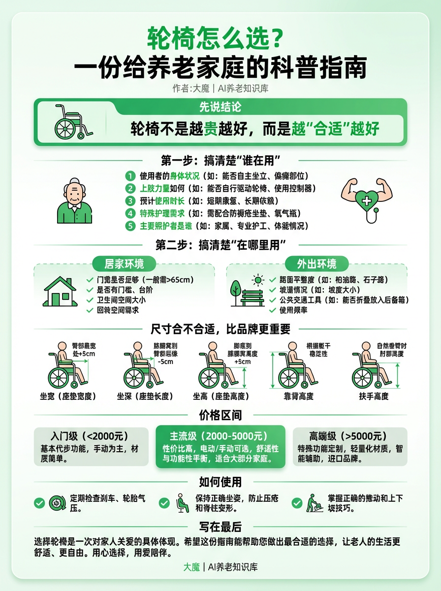 图片是一份关于轮椅选购的科普指南,作者为大魔 / AI养老知识库。标题为“轮椅怎么选?一份给养老家庭的科普指南”。内容分为先说结论、第一步、第二步、尺寸合不合适、价格区间、如何使用、写在最后七个部分。先说结论指出轮椅不是越贵越好,越“合适”越好。第一步是搞清楚“谁在用”“在哪里用”,第二步是比品牌更重要。还详细介绍了尺寸、价格区间、使用方法等内容,最后强调选择轮椅是家人关爱的体现,希望帮助做出合适选择。