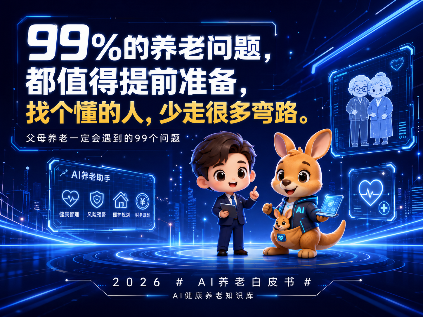 图片为AI养老白皮书宣传图,背景为蓝色科技感场景。上方文字“99%的养老问题,都值得提前准备,找个懂的人,少走很多弯路。”强调提前准备的重要性。下方文字“父母养老一定会遇到的99个问题”及“2026 # AI养老白皮书 # AI健康养老知识库”。画面中有AI养老助手卡通形象,手持平板,旁边是袋鼠形象,手持心电图等图标,传达AI养老助手在健康管理、风险预警等方面的作用。