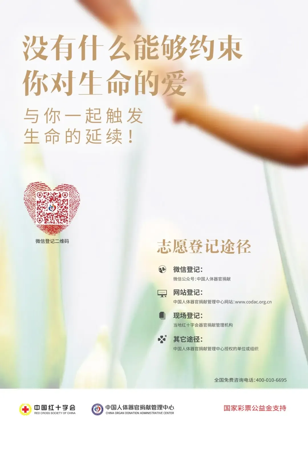 图片是一张遗体和器官捐献志愿登记途径宣传海报。上方文字“没有什么能够约束你对生命的爱,与你一起触发生命的延续!”传达奉献精神。中间有微信登记二维码,下方列出志愿登记途径,包括微信登记、网站登记、现场登记及其他途径,并给出对应方式。底部有中国红十字会、中国人体器官捐献管理中心标识及国家彩票公益金支持标识。此图与文档中遗体和器官捐献相关内容相呼应,提供志愿登记信息。