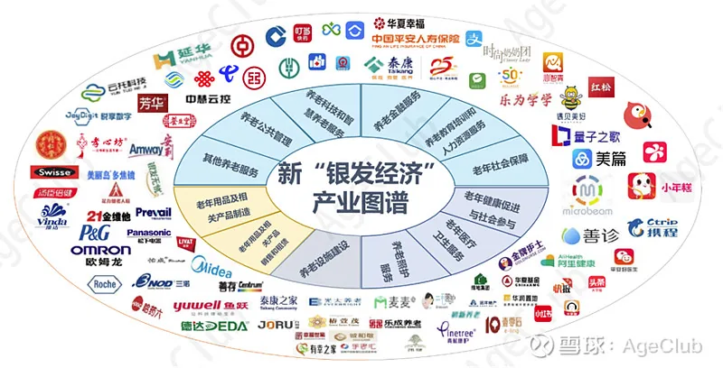图片为新“银发经济”产业图谱,展示了养老产业的整体格局。图中以“新‘银发经济’产业图谱”为标题,分为老年用品及租赁、老年产品制造、养老设施建设、智慧养老、老年医疗、老年健康促进与社会参与、老年社会保障、养老科技和智能养老、养老公共管理、其他养老服务等类别,涵盖海尔、美的、中国平安人寿保险等众多企业。该图与上下文紧密相关,直观呈现了银发经济中各企业布局情况,帮助理解养老产业的多元发展。