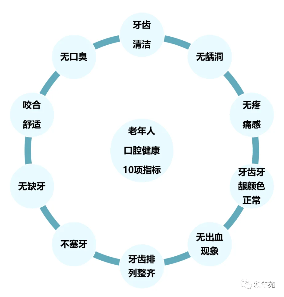 图片展示了老年人口腔健康10项指标,以圆环形式排列。包括牙齿清洁、无龋洞、无疼痛感、牙齿牙龈颜色正常、无出血现象、牙齿排列整齐、不塞牙、咬合舒适、无缺牙、无口臭。这些指标围绕“老年人口腔健康10项指标”核心内容,直观呈现了老年人口腔健康需关注的关键点,与上下文介绍老年人口腔健康10项指标的内容相契合。