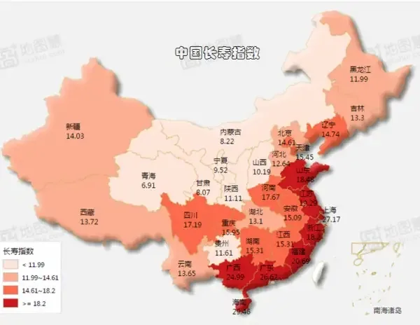 这张图是标注有各地数值的中国长寿指数热力图,清晰展示了中国不同省份的长寿指数情况:图例以不同颜色区分指数区间,浅色系代表长寿指数低于11.99的区域,橙色对应指数为11.99-14.61的区域,偏深的红色对应14.61-18.2的区域,最深的红色则代表指数≥18.2的区域。图中各省均标注了具体长寿指数数值,得分较高的海南指数达29.86,广东、广西指数超26,四川指数为17.19,得分较低的青海指数为6.91,西藏指数为13.72,该图对应了文档中“所有长寿村都是假的,没有例外”相关的长寿指数对比内容。