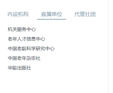 图片展示了卫健委组织架构中“直属单位”部分的内容。其中包含机关服务中心、老年人才信息中心、中国老龄科学研究中心、中国老年杂志社、华龄出版社等单位。该图片与上下文的关系是,在介绍卫健委组织架构时,通过展示直属单位的具体机构,帮助读者更清晰地了解卫健委组织架构的构成,为后续获取和运用政府端信息提供参考。