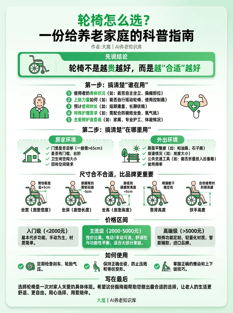 这是一份面向养老家庭的轮椅选购科普指南,核心结论为轮椅不是越贵越好,而是选“合适”的。指南明确了两大选择步骤:第一步需明确使用者的身体状况,包括使用者的年龄、疾病、身体部位、站立能力等6项具体信息;第二步需明确使用场景,分居家环境和外出环境提出对应的要求,如居家环境需房门、卧室通道宽度等条件,外出环境需路面平整性、坡道坡度等条件。此外,指南还划分了轮椅的价格区间,入门级2000元以下、主流级2000-5000元、高级段5000元以上,并标注了各区间轮椅的特点,同时说明了使用轮椅的相关注意事项。