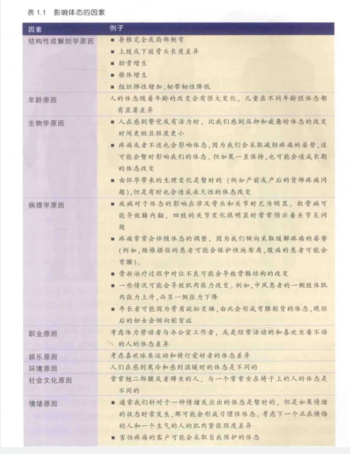 图片为表1.1,标题为“影响体态的因素”,列出了结构性或解剖学原因、年龄原因、生物学原因、病理学原因、职业原因、娱乐原因、环境原因、社会文化原因、情绪原因等类别,每类下有具体例子。该表与上下文紧密相关,是对上文提到的体态评估操作指南中体态态评估因素的详细说明,为体态评估提供参考依据。