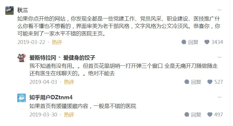 图片展示了知乎上关于医院水平的讨论。2019年3月22日,用户秋三认为,如果医院网站全是党建工作等内容,可能是水平不错的医院主页。2019年4月3日,爱斯特拉冈提到医院首页弹窗多且内容不专业,绝对不能去。2019年3月30日,知乎用户DZtnm4称首页有援疆援藏内容的医院一般是不错的。这些评论与上文提到的通过医院主页判断医疗水平高低的内容相呼应,从不同角度分享了判断医院水平的观察点。