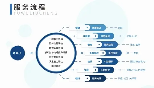 图片展示了老年人服务流程图。左侧为“老年人”,右侧从健康、亚健康、慢病、急危重症、病损、失能、临终等七个方面展开,每个方面对应不同服务,如健康促进、预防保健、慢病防控等。中间是老年人需进行的一般医学评估、躯体功能评估等九项评估。该图与上下文紧密相关,直观呈现了老年人服务的流程及涉及的评估与服务内容。