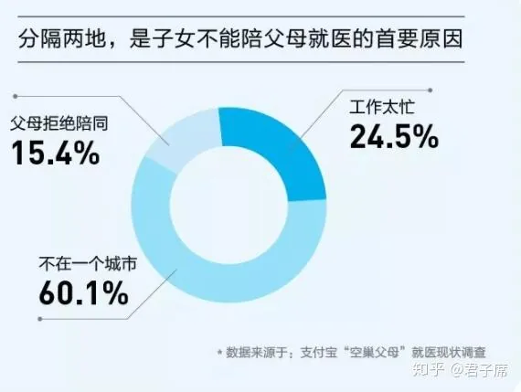 图片为支付宝“空巢父母”就医现状调查数据图表,标题为“分隔两地,是子女不能陪父母就医的首要原因”。图表以饼图形式呈现,分为三部分:不在一个城市占比60.1%;工作太忙占比24.5%;父母拒绝陪同占比15.4%。该图表与上下文紧密相关,直观展示了子女不能陪父母就医的主要原因,为独生子女如何借力陪父母就医提供了数据支撑。