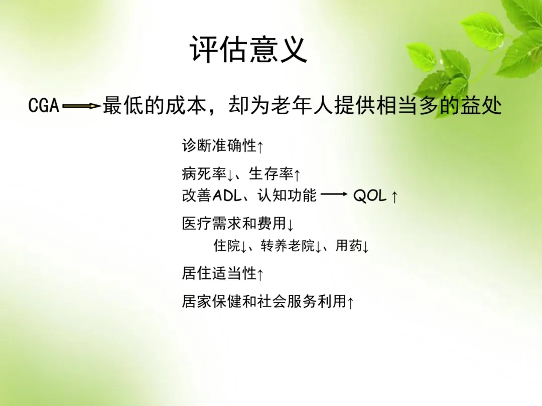 图片标题为“评估意义”,阐述CGA(综合评估)虽为最低成本,却为老年人提供诸多益处。具体包括:提高诊断准确性、降低病死率和提高生存率、改善ADL和认知功能、降低医疗需求和费用(如住院、转养老院、用药)、提高居住适当性、促进居家保健和社会服务利用。该图与上文“给父母做一次家庭版老年综合评估:先把这10类风险查清楚”相呼应,强调综合评估的重要性。