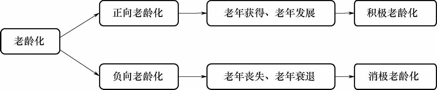 图片展示了老年人正向与负向老龄化的概念图。从“老龄化”