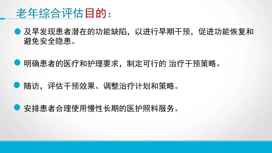 图片展示了老年综合评估的目的。内容包括:尽早发现患者潜在功能缺陷,进行早期干预,促进功能恢复和避免安全隐患;明确患者的医疗和护理要求,制定可行的治疗干预策略;随访,评估干预效果、调整治疗计划和策略;安排患者合理使用慢性长期的医护照料服务。这些目的与上文提到的国家卫健委发布常见老年护理16项评估表相呼应,强调评估的重要性。