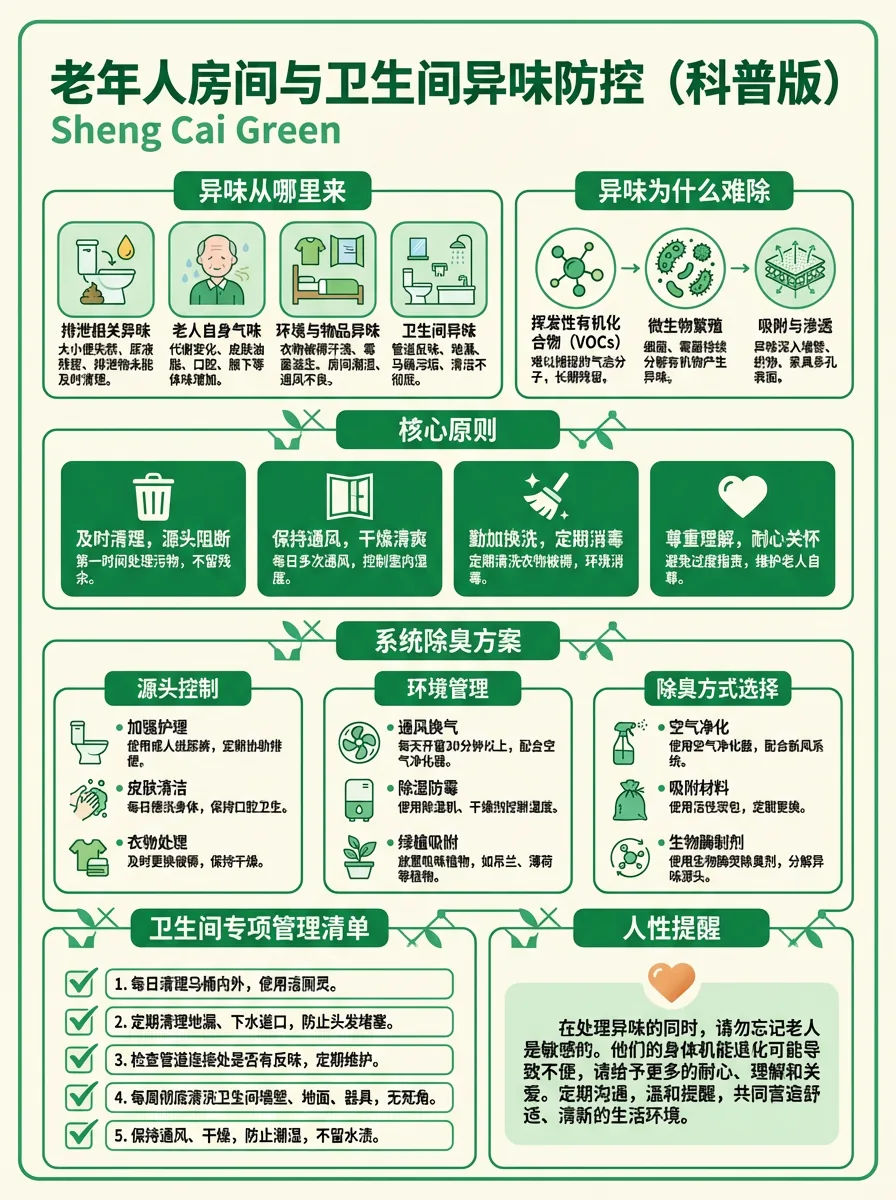 图片为《老年人房间与卫生间异味防控（科普版）》海报，介绍异味来源、难除原因及防控核心原则。异味来源包括老人自身气味、环境与物品异味等；难除原因涉及微生物繁殖、物理与渗透等。防控核心原则为及时清理、保持通风、勤换勤洗、尊重理解。系统除臭方案从源头控制、环境管理、除臭方式选择三方面展开，卫生间专项管理清单列出5条具体措施，人性提醒强调在处理异味时要关心老人。