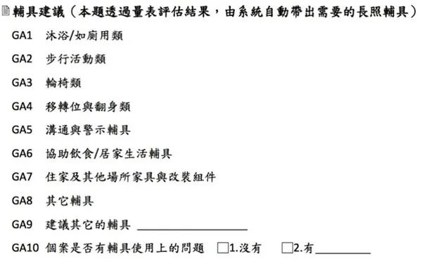 图片为“辅具建议”部分,是通过量表评估结果由系统自动带出的长照辅具需求。内容包括GA1至GA10共类辅具,如沐浴/如厕用类、步行活动类、轮椅类等,以及GA9建议其它的辅具和GA10个案是否有辅具使用上的问题选项。