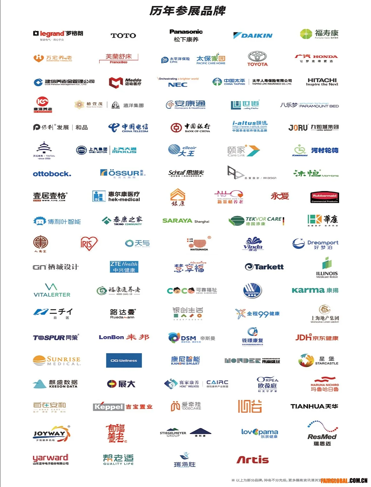 图片展示了历年的参展品牌,包括Legrand、TOTO、Panasonic、DAIKIN、Honda、Hitachi等知名公司,以及众多国内企业。这些品牌以图标形式排列,涵盖家居、医疗、科技等多个领域。该图与文档中“养老行业展会”内容相关,用以说明展会的参展品牌情况,体现展会的行业代表性,辅助验证信息真实性,与上下文对展会信息的探讨相呼应。