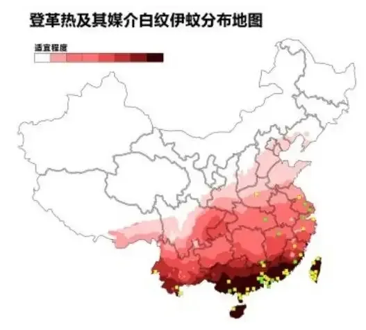 图片为登革热及其媒介白纹伊蚊分布地图,以中国地图为底图,标注了各省份的适宜程度。适宜程度用颜色表示,从白色(最不适宜)到黑色(最适宜)渐变。地图上标注了多个城市名称,如北京、上海、广州等。该图与上下文关系紧密,上下文提到旅居养老需考虑温度及相对湿度等指标,此图可作为参考,帮助了解不同地区登革热媒介分布情况,辅助旅居养老选址决策。